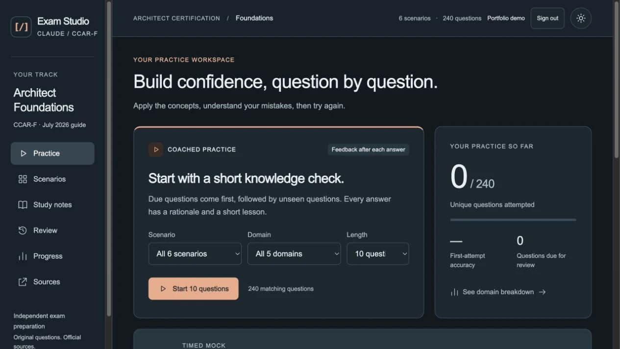 Exam Studio practice workspace with 240 questions and six scenarios
