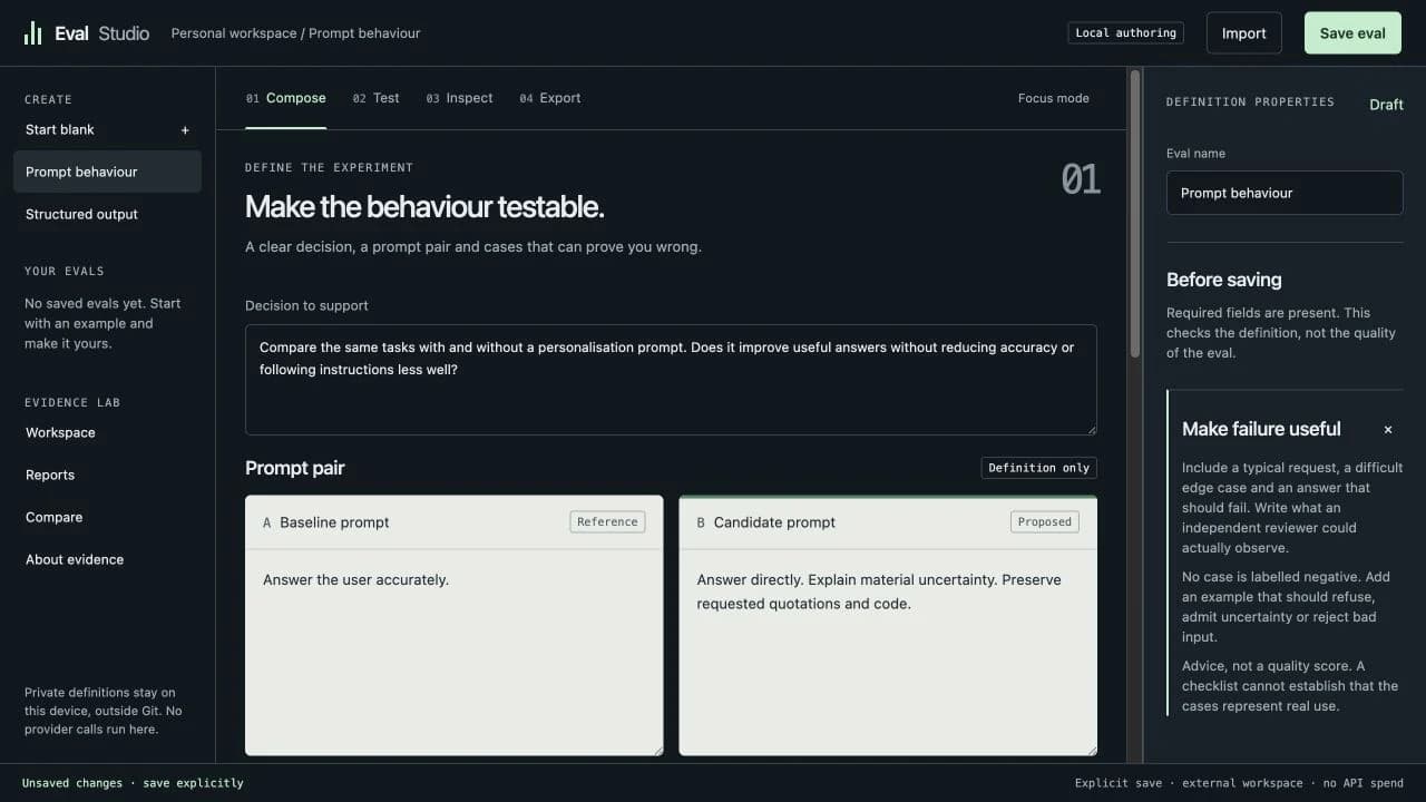 Personal Eval Studio comparing baseline and candidate prompts in a built-in example