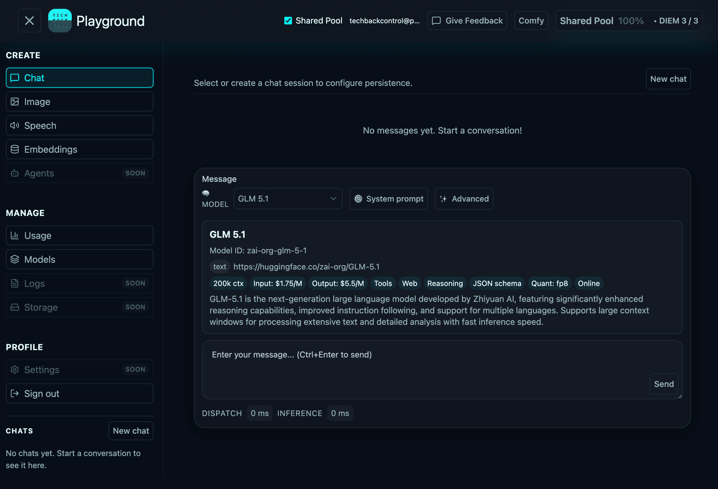 Tech Back Control Playground interface showing chat, model controls, usage navigation, and shared pool status