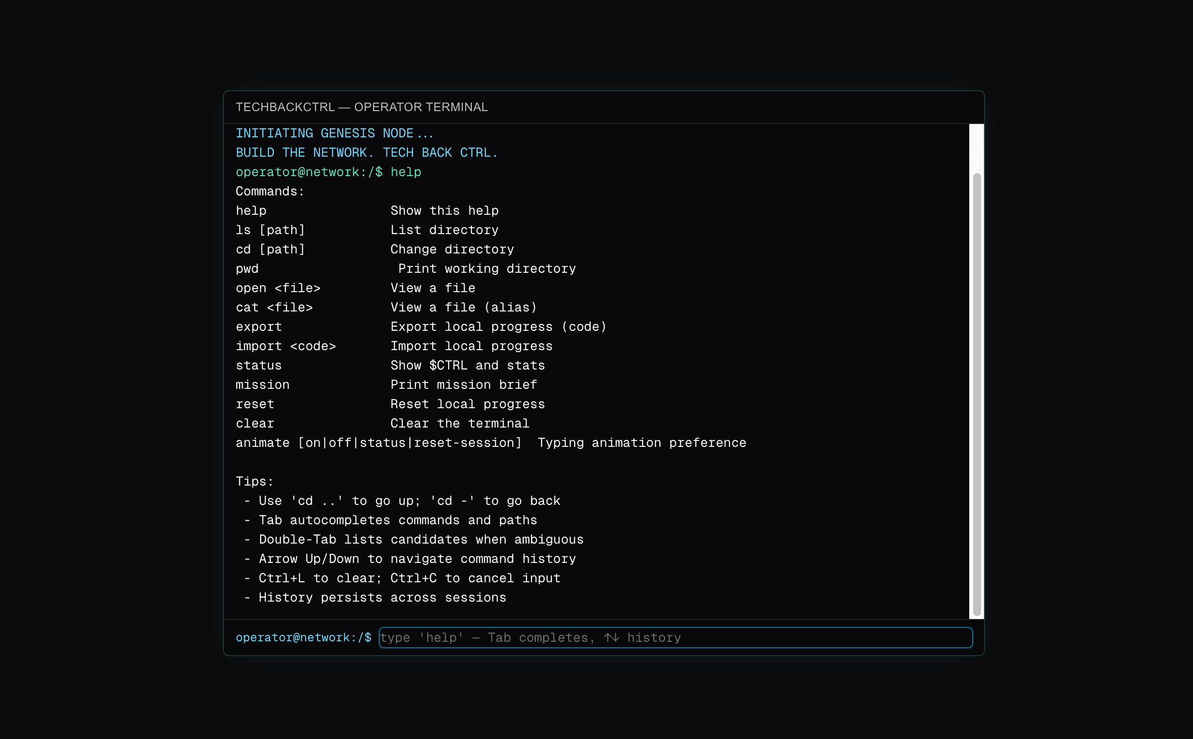 Tech Back Control operator terminal screenshot showing help commands, mission prompt, command history tips, and an input line